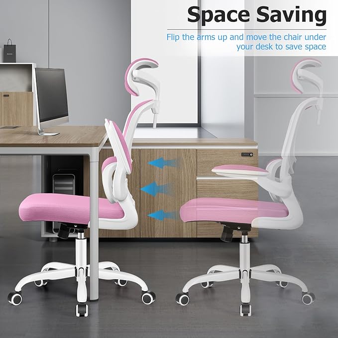 Ergonomic Office Desk Chair, High Back Mesh Chair with Lumbar Support and Adjustable Headrest, Computer Gaming Chair with Flip-up Armrests, Executive Swivel Chair for Home Office (Pink) - LeafyLoom