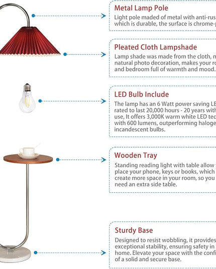 Modern Elegant with Tray Floor Lamp for Office Cafe Den Living Room Bedroom, Foot Switch and Chrome Finish,Red Pleated Cloth Lampshade - LeafyLoom
