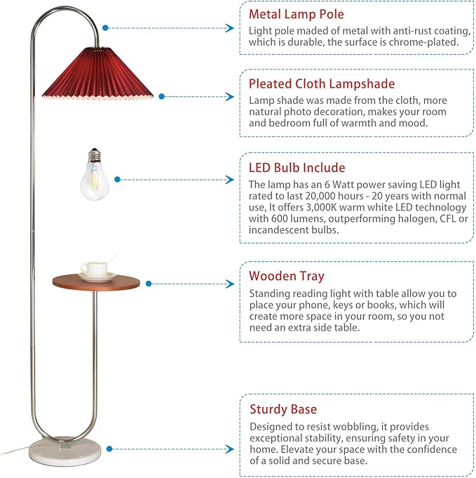 Modern Elegant with Tray Floor Lamp for Office Cafe Den Living Room Bedroom, Foot Switch and Chrome Finish,Red Pleated Cloth Lampshade - LeafyLoom