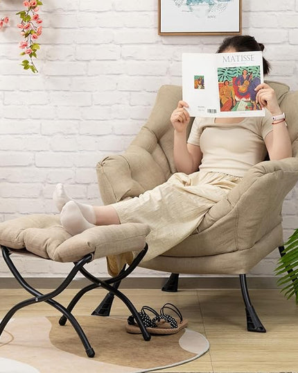 AbocoFur Modern Fabric Lazy Chair and Folding Footrest Stool Set, Accent Contemporary Lounge Chair and Portable Ottoman, Steel Frame Leisure Sofa Chair and Metal Cotton Footstool, Coffee&White - LeafyLoom