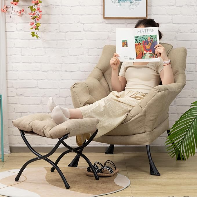 AbocoFur Modern Fabric Lazy Chair and Folding Footrest Stool Set, Accent Contemporary Lounge Chair and Portable Ottoman, Steel Frame Leisure Sofa Chair and Metal Cotton Footstool, Coffee&White - LeafyLoom