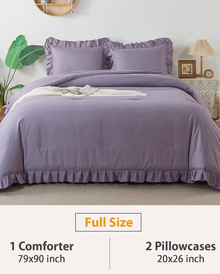 Andency Grayish Purple Comforter Set Full Size, 3 Pieces Lightweight Soft Rustic Ruffle Comforter Women Man, Solid Farmhouse Shabby Chic Microfiber Bedding Comforter Sets for All Season - LeafyLoom
