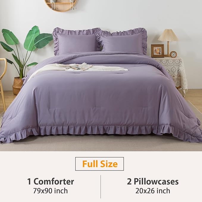 Andency Grayish Purple Comforter Set Full Size, 3 Pieces Lightweight Soft Rustic Ruffle Comforter Women Man, Solid Farmhouse Shabby Chic Microfiber Bedding Comforter Sets for All Season - LeafyLoom