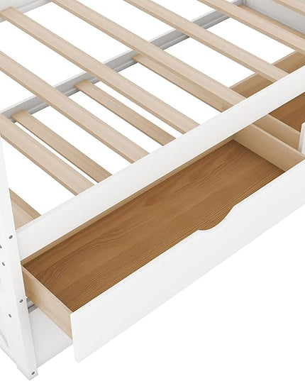 Twin Daybed with Storage Drawers and Trundle Bed, Wood Twin Size Captain’s Bed Frame for Bedroom Living Room Guest Room, White - LeafyLoom
