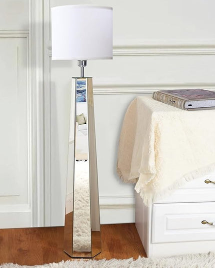 Silver Mirror Floor Lamp, Standing Decorative Lamp with Hexagon Shaped Glass Base, White Round Linen Shade, 49" Height for Living Room Bedroom, Modern Art Decor (9W LED Bulb Included) - LeafyLoom