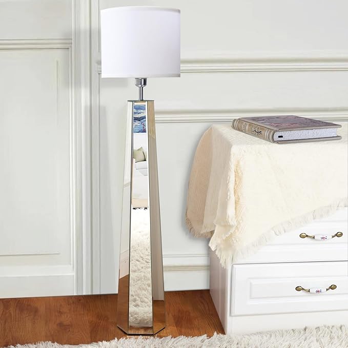 Silver Mirror Floor Lamp, Standing Decorative Lamp with Hexagon Shaped Glass Base, White Round Linen Shade, 49" Height for Living Room Bedroom, Modern Art Decor (9W LED Bulb Included) - LeafyLoom