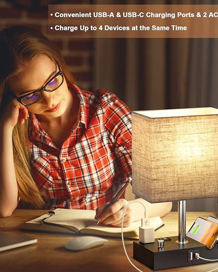 Kakanuo Table Lamp for Bedroom with Dual USB Ports, Beige Fully Dimmable Bedside Lamp with Phone Stands and 2 Charging Outlets, Desk Lamp for Nightstand and Living Room, LED Bulb Included - LeafyLoom