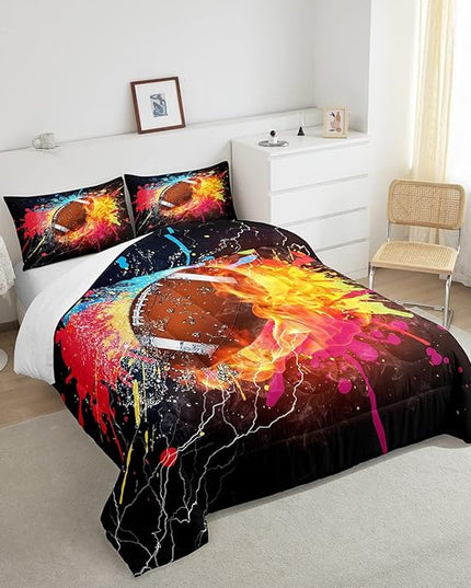 Erosebridal Football Comforter Set for Teen Boys Kids Hippie Tie Dye Sports Football Bedding Sets Rugby Bed Quilt Set King Size 1 Comforter and 2 Pillow Cases Colorful Sport Theme Bedroom Decor - LeafyLoom
