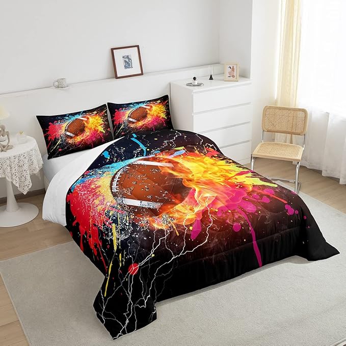 Erosebridal Football Comforter Set for Teen Boys Kids Hippie Tie Dye Sports Football Bedding Sets Rugby Bed Quilt Set Queen Size 1 Comforter and 2 Pillow Cases Colorful Sport Theme Bedroom Decor - LeafyLoom