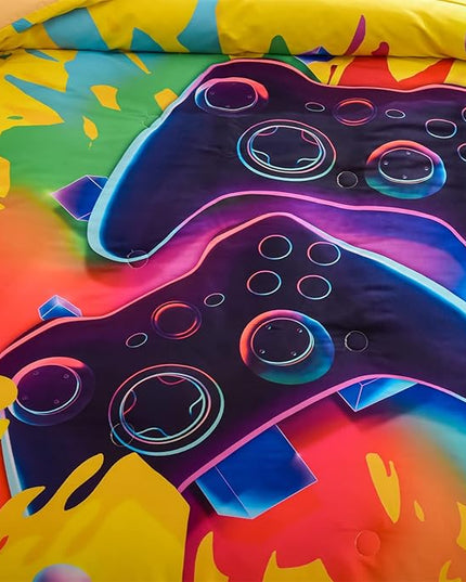 Aimuan Gamer Gaming Bedding Sets 3D Gamepad Comforter Sets for Boys Games Console Action Buttons Novelty Colorful Game Controller Modern Room Decor Home Quilt Set (Full, Yellow) - LeafyLoom