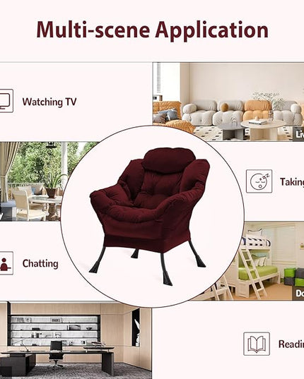 Lazy Chair Thick Padded, Accent Chair Velvet Upholstered with Wide Seat, Stable Metal Frame and Non-Slip Pad, Modern Sofa Armchair with Side Storage Bag for Dorm, Room, Office, Burgundy - LeafyLoom