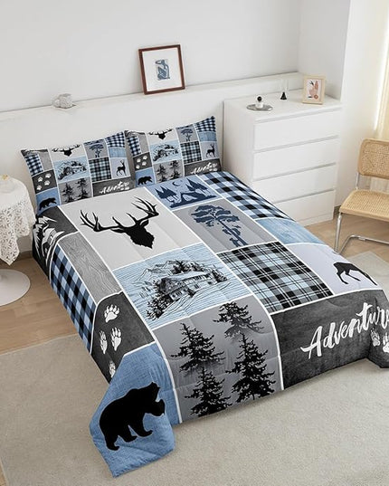 Manfei Deer Antler Comforter Set Queen Size,Bear Paws Rustic Farmhouse Xmas Bedding Set for Kids Boys Girls Adults Room Decor,Plaids Patchwork Adventure Down Comforter,Blue Duvet Insert,2 Pillowcases - LeafyLoom