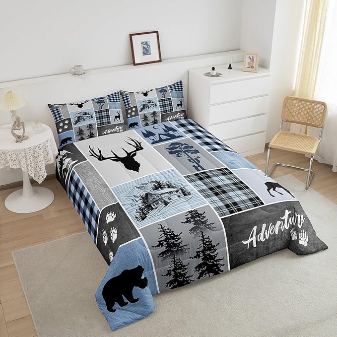 Manfei Deer Antler Comforter Set Queen Size,Bear Paws Rustic Farmhouse Xmas Bedding Set for Kids Boys Girls Adults Room Decor,Plaids Patchwork Adventure Down Comforter,Blue Duvet Insert,2 Pillowcases - LeafyLoom