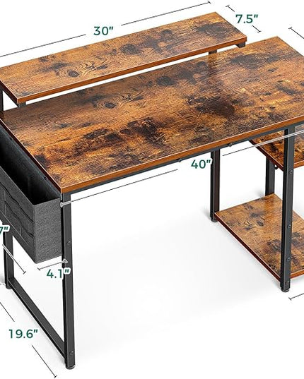 AODK 40 Inch Computer Desk with Adjustable Monitor Stand, Work Writing Desk with Shelves, PC Desk Workstation, Vintage Home Office Desk - LeafyLoom