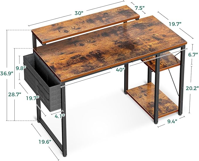 AODK 40 Inch Computer Desk with Adjustable Monitor Stand, Work Writing Desk with Shelves, PC Desk Workstation, Vintage Home Office Desk - LeafyLoom