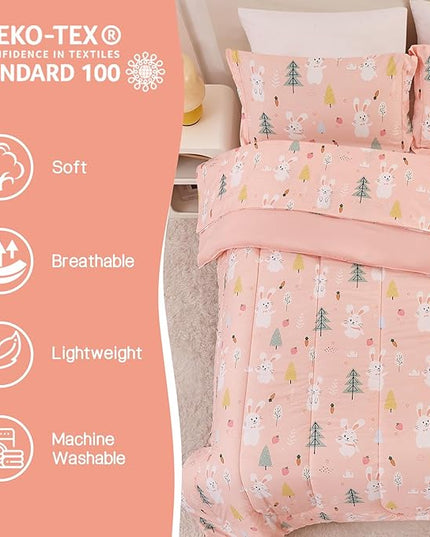 Pink Bunny Kids Comforter Set for Girls Full Size, Cute Reversible Quilted Printed Woodland Bedding Set with Pillow Sham, Lightweight Soft Breathable Machine Washable Bed Set 3 Piece - LeafyLoom