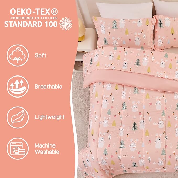 Pink Bunny Kids Comforter Set for Girls Full Size, Cute Reversible Quilted Printed Woodland Bedding Set with Pillow Sham, Lightweight Soft Breathable Machine Washable Bed Set 3 Piece - LeafyLoom