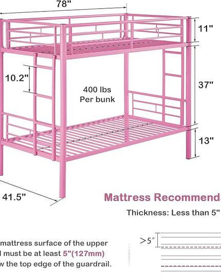 VECELO Metal Bunk Bed Twin Over Twin, Industrial Bunkbeds with Ladder and Full-Length Guardrail, Noise Free, No Boxing Spring Needed, Pink - LeafyLoom