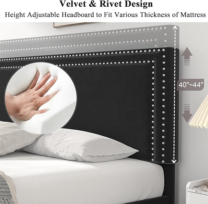 VECELO Full Size Upholstered Platform Bed Frame with 4 Storage Drawers, Adjustable Velvet Rivets Headboard, Wooden Slats Support, No Box Spring Needed, Easy Assembly - LeafyLoom