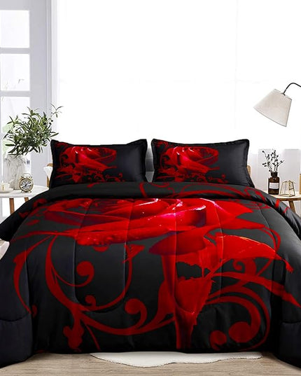 Red Comforter Set Full Reversible Red Rose Pattern Printed Bedding Down Comforter with 2 Pillowcases for All Seasons, Soft Microfiber Lightweight Bedding Set,Full(80"x90") - LeafyLoom