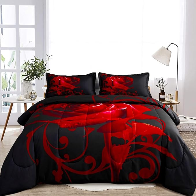 Red Comforter Set Full Reversible Red Rose Pattern Printed Bedding Down Comforter with 2 Pillowcases for All Seasons, Soft Microfiber Lightweight Bedding Set,Full(80"x90") - LeafyLoom