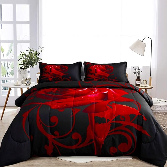 WONGS BEDDING Red Comforter Set Queen Reversible Red Rose Pattern Printed Bedding Down Comforter with 2 Pillowcases for All Seasons, Soft Microfiber Lightweight Bedding Set 90"x90" - LeafyLoom