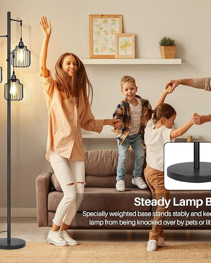 Dimmable Floor Lamp with 3 x 800LM LED Edison Bulbs,Tall Standing Lamp for Living Room,Farmhouse Black Corner Floor Lamp,Bright Industrial Rustic Vintage Tree Pole Light with Cage for Bedroom Office - LeafyLoom