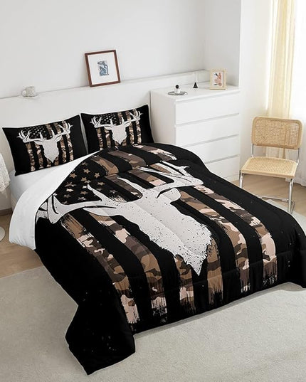 Camouflage American Flag Comforter Set, Hunting Antler Bedding Comforter Sets Brown Black Camo Striped Bedding King Size for Kids Boys Teens Adult Women, Rustic Woodland Animal Duvet Insert - LeafyLoom