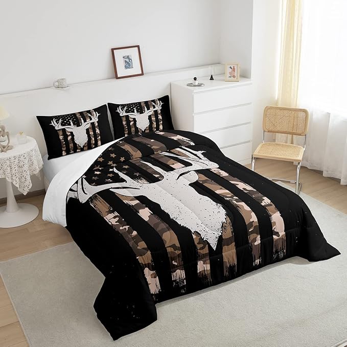 Camouflage American Flag Comforter Set, Hunting Antler Bedding Comforter Sets Brown Black Camo Striped Bedding King Size for Kids Boys Teens Adult Women, Rustic Woodland Animal Duvet Insert - LeafyLoom