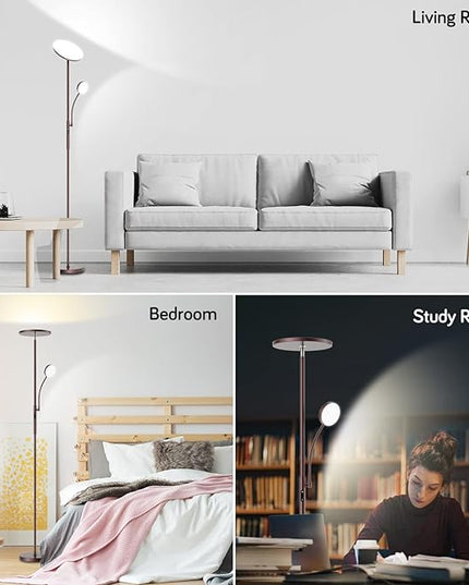 Dimunt LED Floor Lamp, Modern Floor Lamps for Living Room Bright Lighting, 27W/2000LM Dimmable Standing Lamp with Reading Light, Remote & Touch Control, Tall Lamp for Bedroom Office- Brown - LeafyLoom