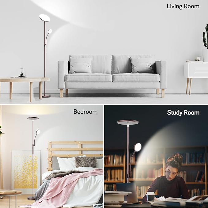 Dimunt LED Floor Lamp, Modern Floor Lamps for Living Room Bright Lighting, 27W/2000LM Dimmable Standing Lamp with Reading Light, Remote & Touch Control, Tall Lamp for Bedroom Office- Brown - LeafyLoom