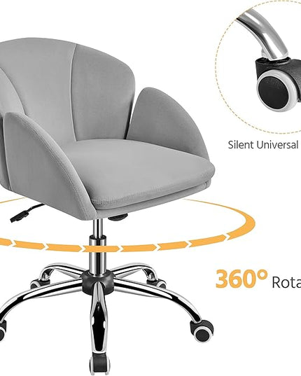 Yaheetech Cute Velvet Desk Chair for Home Office, Makeup Vanity Chair with Armrests for Bedroom Modern Swivel Rolling Chair for Women Light Gray - LeafyLoom