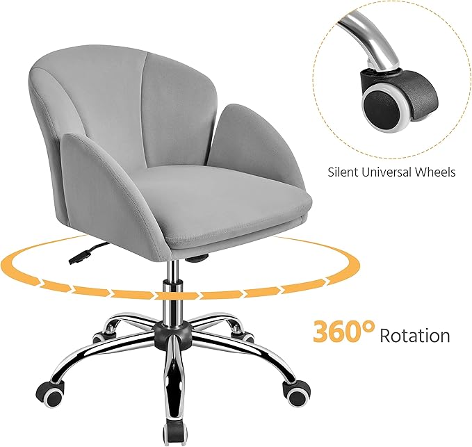 Yaheetech Cute Velvet Desk Chair for Home Office, Makeup Vanity Chair with Armrests for Bedroom Modern Swivel Rolling Chair for Women Light Gray - LeafyLoom