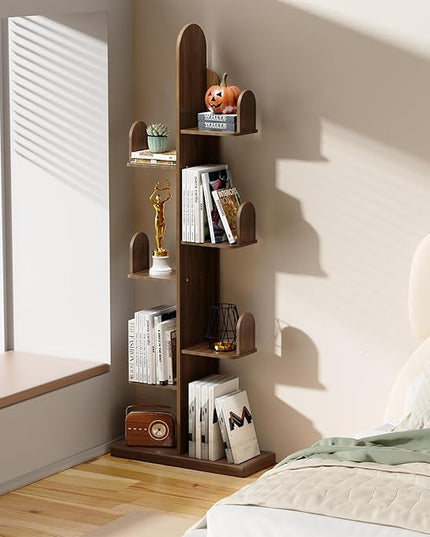 Cactus Bookshelf, Tree Bookshelf for Bedroom, Solid Wood Geometric Bookcase, Spine Bookshelf and Book Tower with Living Room, Walnut - LeafyLoom