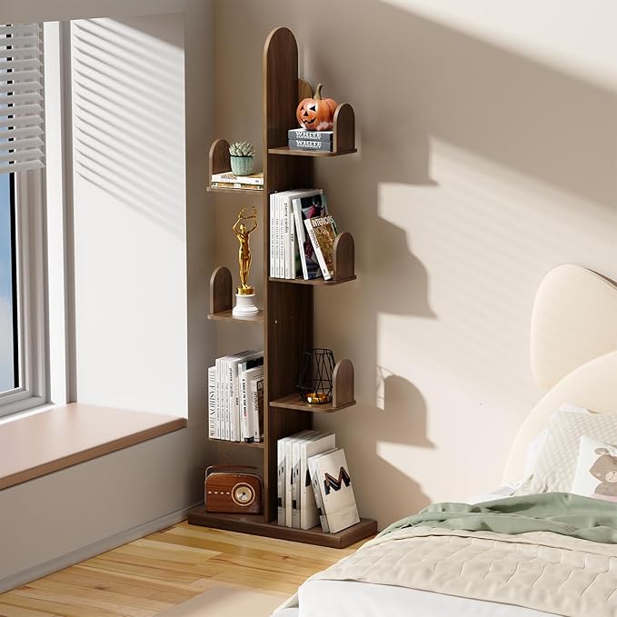 Cactus Bookshelf, Tree Bookshelf for Bedroom, Solid Wood Geometric Bookcase, Spine Bookshelf and Book Tower with Living Room, Walnut - LeafyLoom