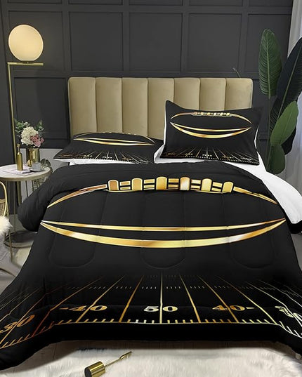 Bodhi Black and Gold Football Comforter Set Full for Boys Kids Sport Comforter Football Bedding Set American Football Comforter with Pillowcase,Soft Football Quilt,Full Size - LeafyLoom