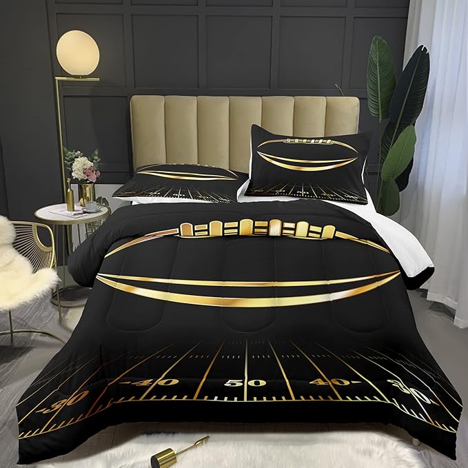 Bodhi Boys Comforter Twin, Black and Gold Football Bedding Set, Machine Washable, 2 Pieces - LeafyLoom