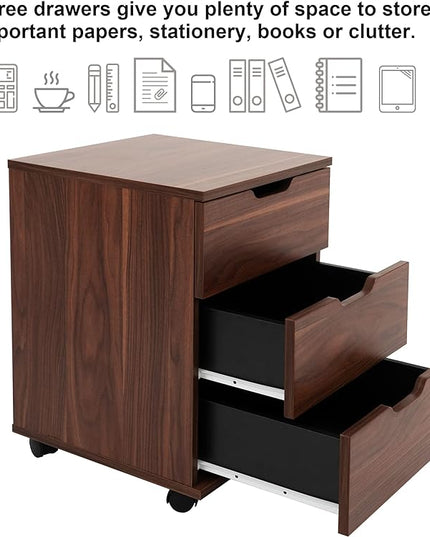 Farini 3-Drawer Vertical Filing Cabinet Rolling Wood Mobile File Cabinets Under Desk for Home Office with Casters (Brown Walnut, Fully Assembled) - LeafyLoom