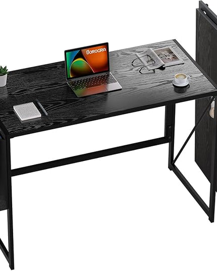 Folding Desk, Small Foldable Desk 39.4 Inch for Small Space, Computer Table Home Office Writing Desk with Storage Bag Headphone Hook, Easy Assembly, Black - LeafyLoom