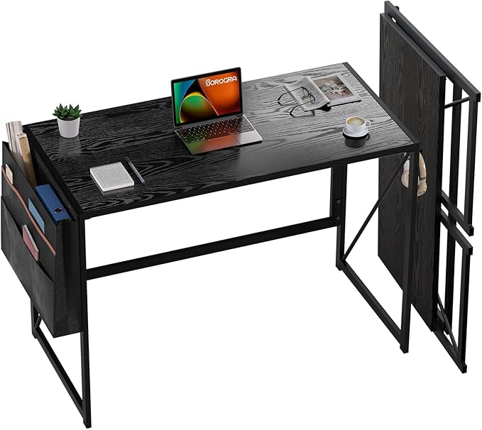 Folding Desk, Small Foldable Desk 39.4 Inch for Small Space, Computer Table Home Office Writing Desk with Storage Bag Headphone Hook, Easy Assembly, Black - LeafyLoom