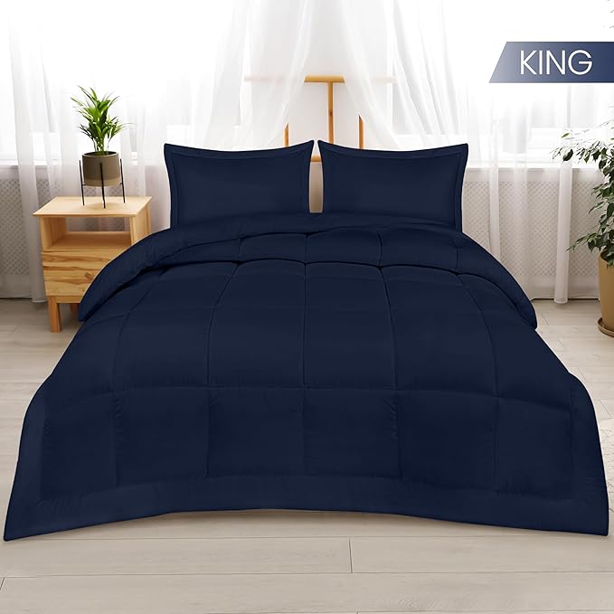 Utopia Bedding King Size Comforter Set with 2 Pillow Shams, Bedding Comforter Sets, Down Alternative Navy Comforter, Soft and Comfortable, Machine Washable - LeafyLoom