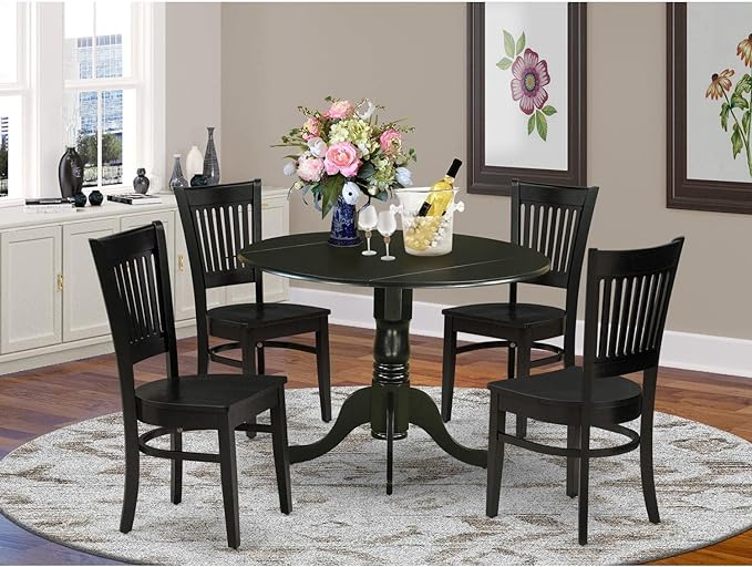 East West Furniture Dublin 5 Piece Set includes a Round Dining Room Table with Dropleaf and 4 Kitchen Chairs, 42x42 Inch, Black - LeafyLoom