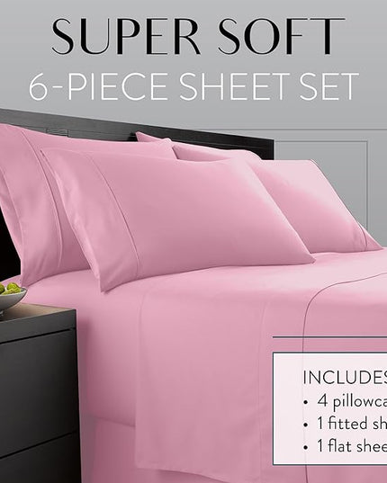 Danjor Linens California King Sheet Set - 6 Piece Set Including 4 Pillowcases - Deep Pockets - Breathable, Soft Bed Sheets - Wrinkle Free - Machine Washable - Pink Cal King Bed Sheets - 6 pc - LeafyLoom