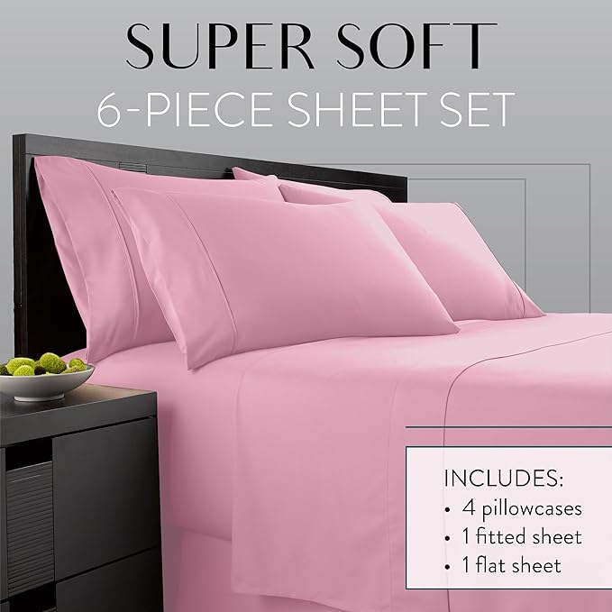 Danjor Linens California King Sheet Set - 6 Piece Set Including 4 Pillowcases - Deep Pockets - Breathable, Soft Bed Sheets - Wrinkle Free - Machine Washable - Pink Cal King Bed Sheets - 6 pc - LeafyLoom
