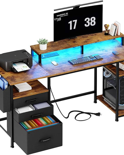 Lufeiya Computer Desk with Fabric File Drawers Cabinet, 55 Inch Home Office Desk with Shelves Monitor Stand, Study Writing Gaming Desks with Led Light Power Outlets for Bedroom, Rustic Brown - LeafyLoom