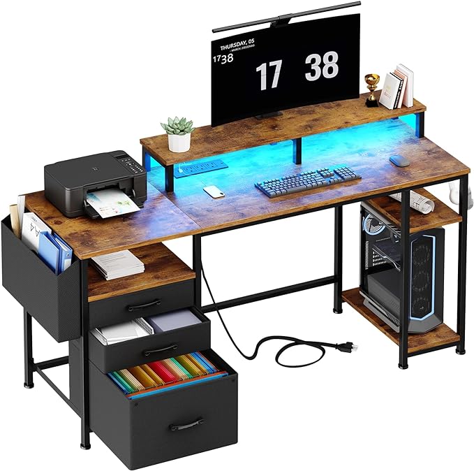 Lufeiya Computer Desk with Fabric File Drawers Cabinet, 55 Inch Home Office Desk with Shelves Monitor Stand, Study Writing Gaming Desks with Led Light Power Outlets for Bedroom, Rustic Brown - LeafyLoom