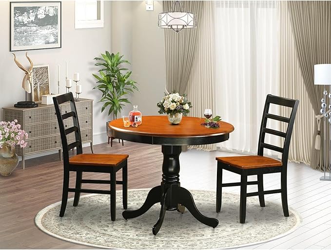 East West Furniture ANPF3-BLK-W Antique 3 Piece Kitchen Set Contains a Round Dining Room Table with Pedestal and 2 Solid Wood Seat Chairs, 36x36 Inch - LeafyLoom