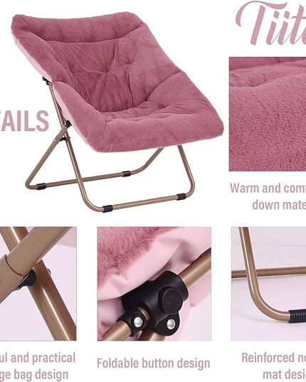Tiita Comfy Saucer Chair, Soft Faux Fur Oversized Folding Accent Chair, Lounge Lazy Chair for Teens Adults, Metal Frame Moon Chair for Bedroom, Living Room, Dorm Rooms - LeafyLoom