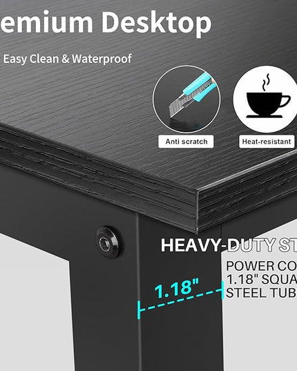 Aquzee Computer Desk with Hutch and Bookshelves, Large Leg Room 55 inch Width Black Desk with Space Saving Storage Shelves, Easy Assemble and All Hardware and Tools Included - LeafyLoom