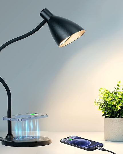 Desk Lamp with Wireless Charger, 12W 1000LM Touch Dimmable Reading Lamp with USB Charging Port, 5 Colors 6 Brightness Eye Care Bedside Table Lamp Gooseneck Desk Light for Home Office - LeafyLoom